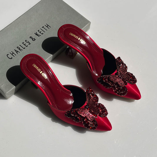 Charles & Keith Satin Butterfly Embellished Pointed-Toe Mules