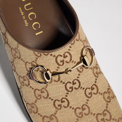 GUCCI GG Monogram Horsebit Flat Mules Brown