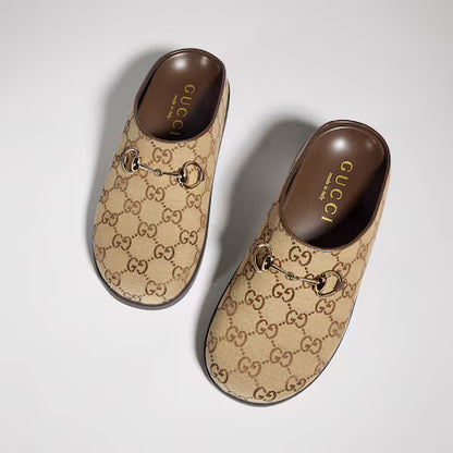 GUCCI GG Monogram Horsebit Flat Mules Brown
