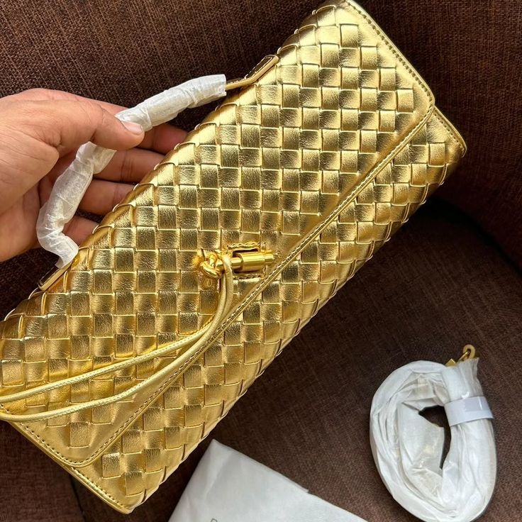 Bottega Veneta Andiamo Gold Long Clutch With Box
