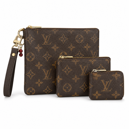 LV Monogram Signature Canvas Trio Wristlet Pouch Set With Box