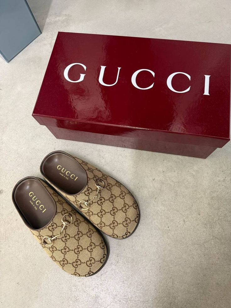 GUCCI GG Monogram Horsebit Flat Mules Brown