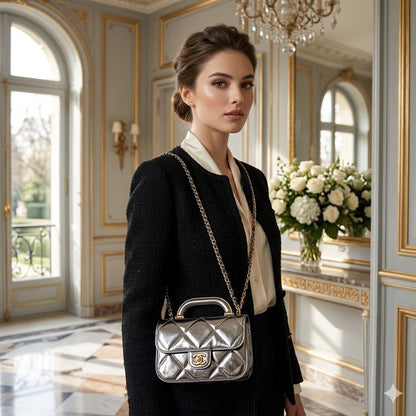 CHANEL | Metallic Mirror Calfskin Large Top Handle Clutch With Chain