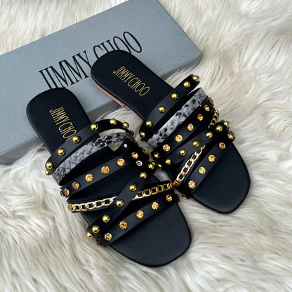 JIMMY CHOO Multi-Strap Studded Chain Flat Slide Sandals