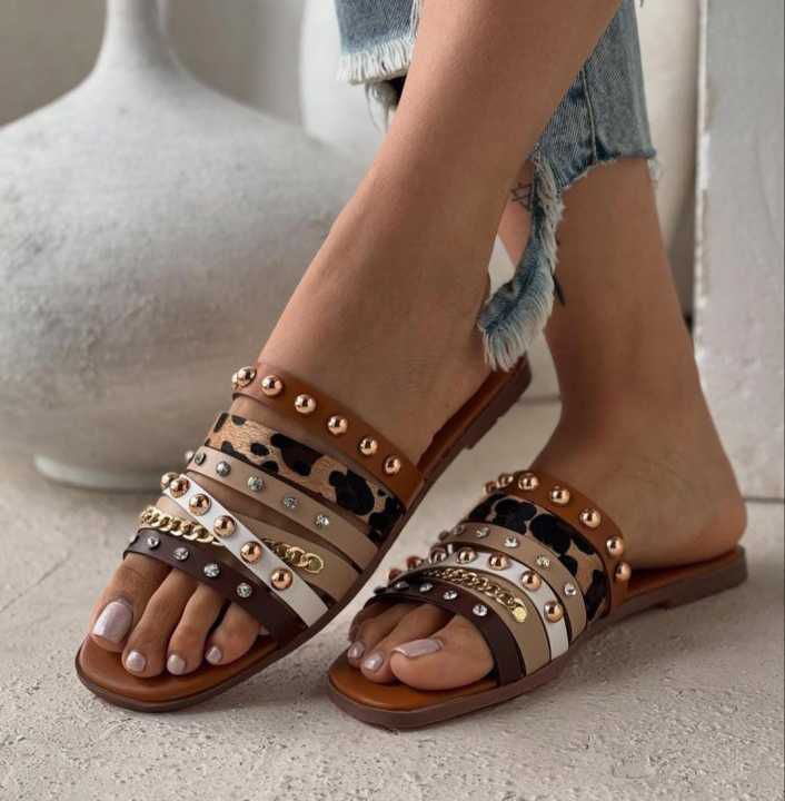 JIMMY CHOO Multi-Strap Studded Chain Flat Slide Sandals