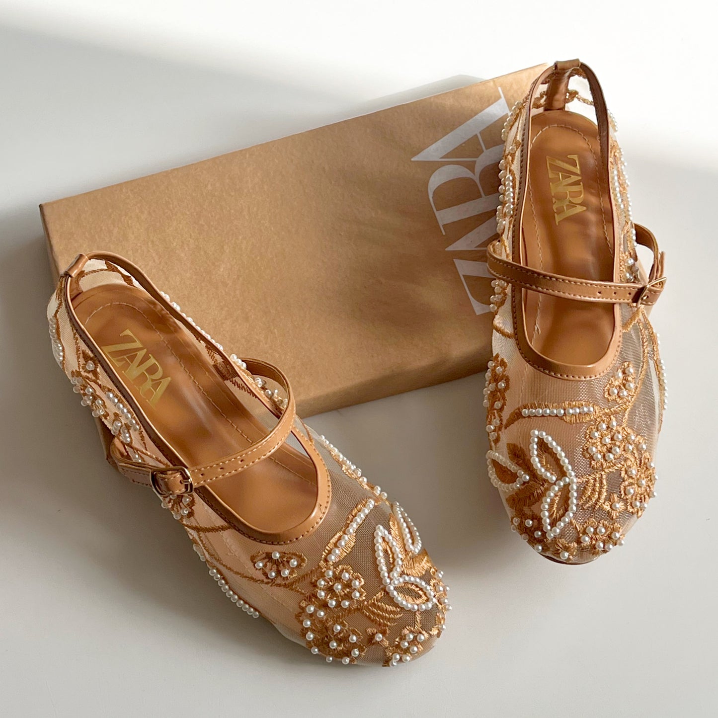ZARA Mesh Pearl-Embroidered Mary Jane Ballet Flats