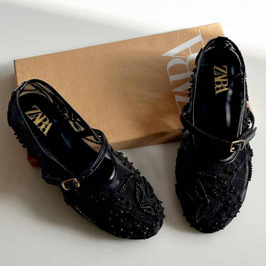 ZARA Mesh Pearl-Embroidered Mary Jane Ballet Flats