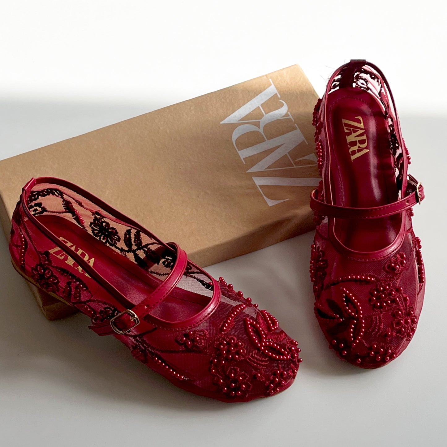 ZARA Mesh Pearl-Embroidered Mary Jane Ballet Flats