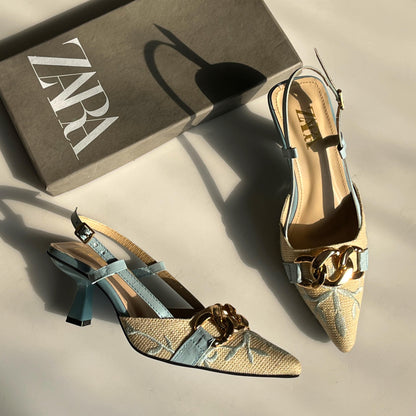 ZARA Floral Embroidered Chain Slingback Heels
