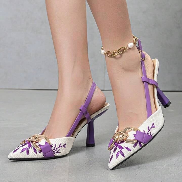 ZARA Floral Embroidered Chain Slingback Heels