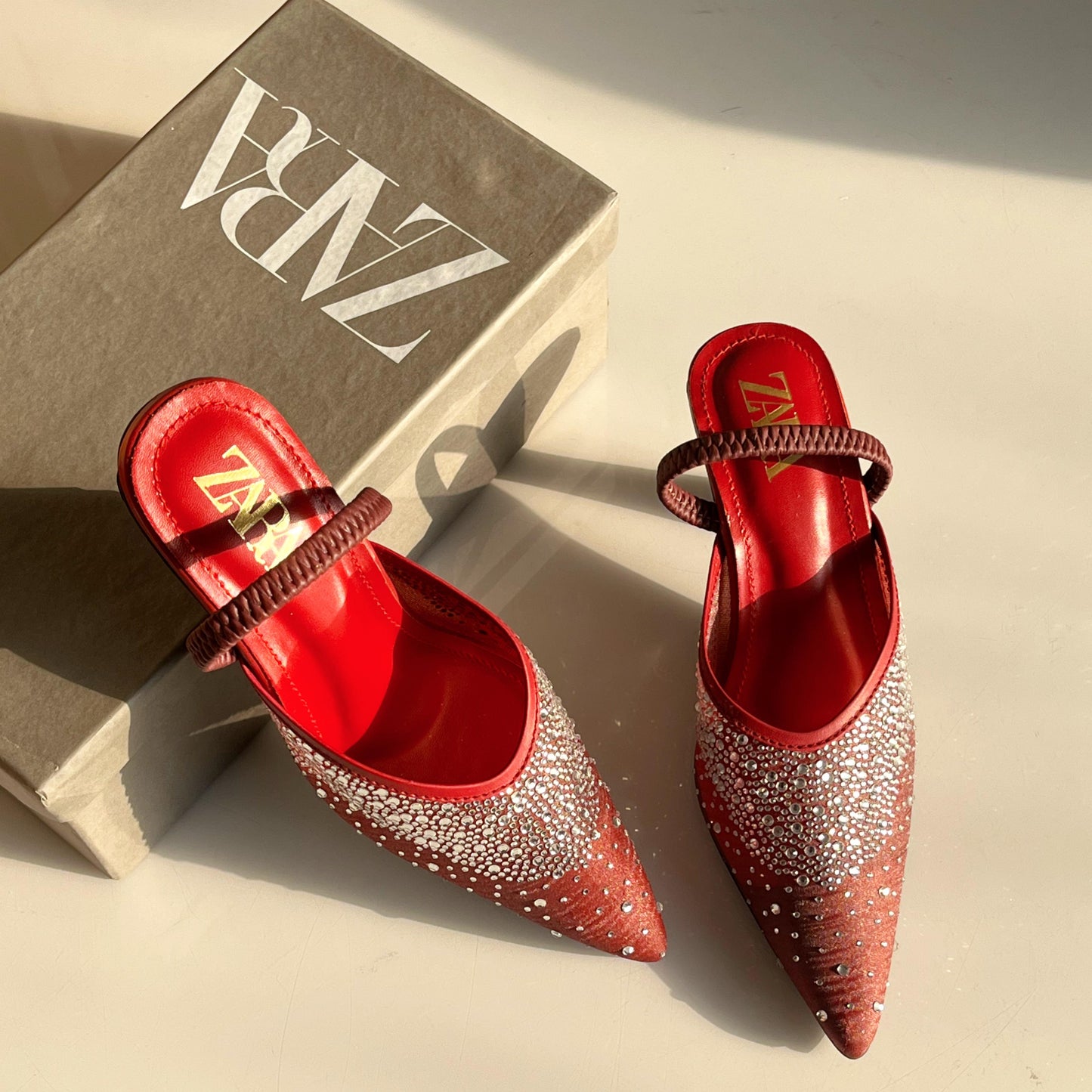 ZARA Rhinestone Embellished Slingback Kitten Heels