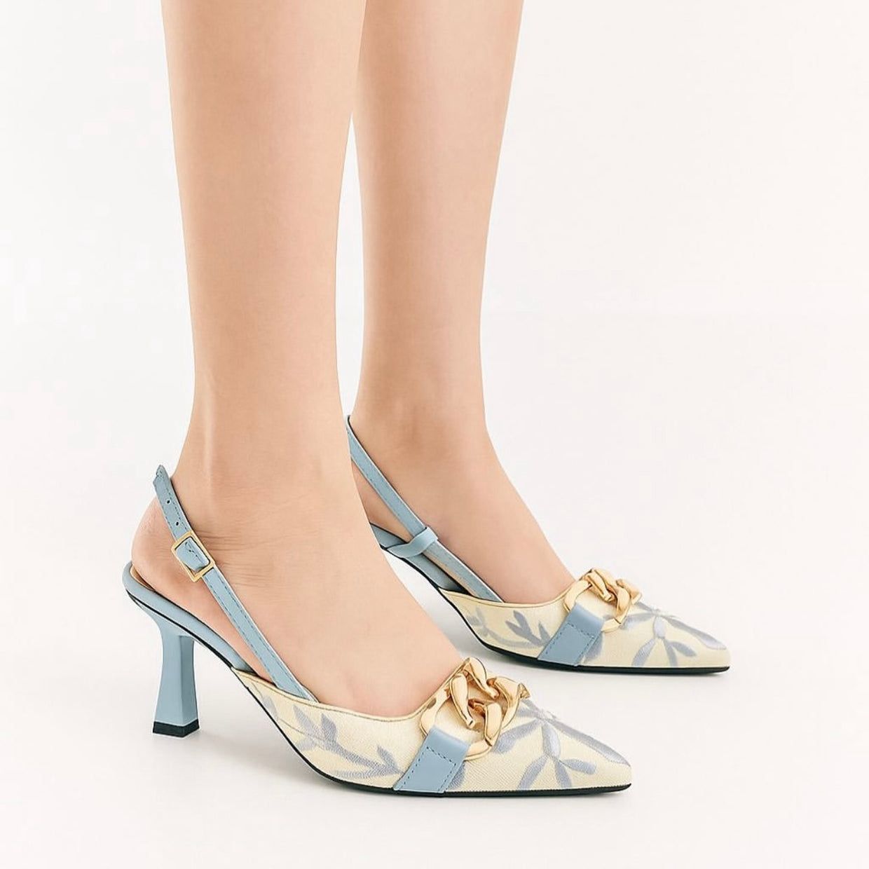 ZARA Floral Embroidered Chain Slingback Heels