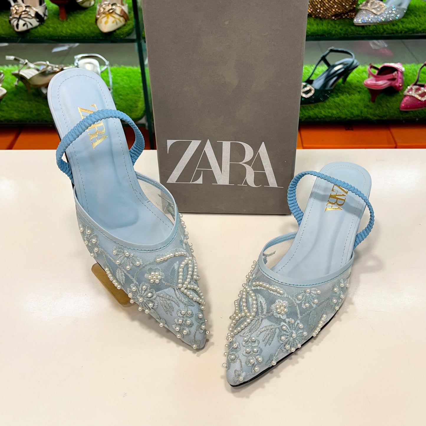 ZARA Embroidered Mesh Pointed Slingback Heels