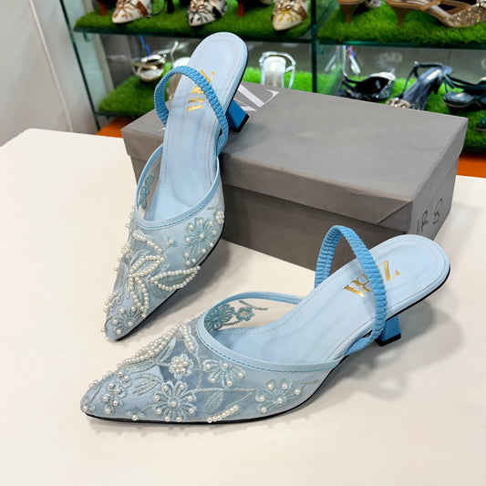 ZARA Embroidered Mesh Pointed Slingback Heels
