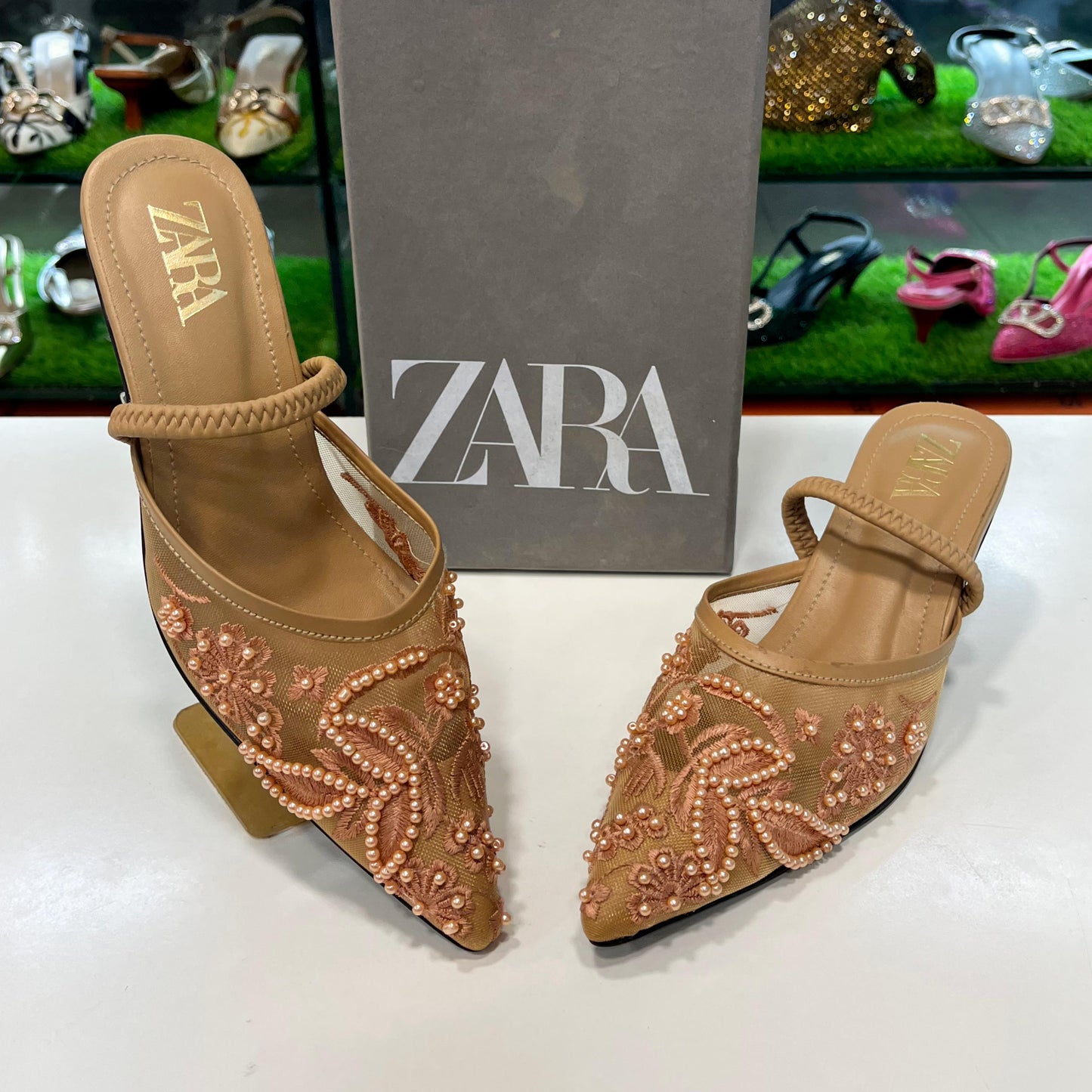 ZARA Embroidered Mesh Pointed Slingback Heels
