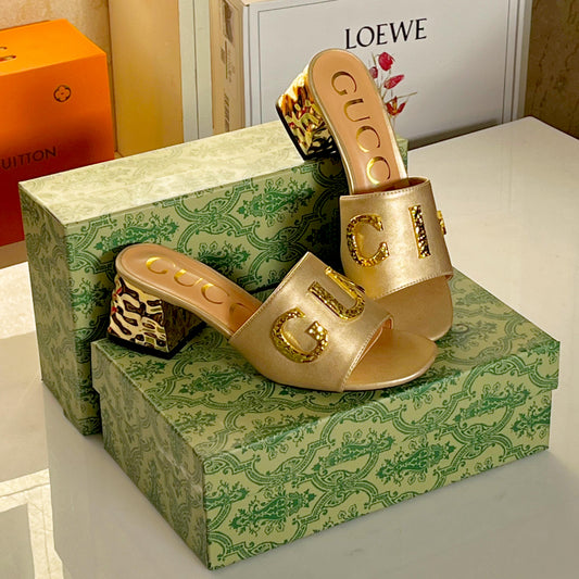 Gucci Inspired Metal-Letter Embellished Slide Sandals
