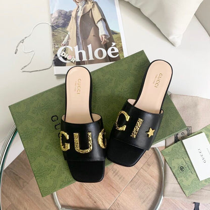 Gucci Inspired Metal-Letter Embellished Slide Sandals