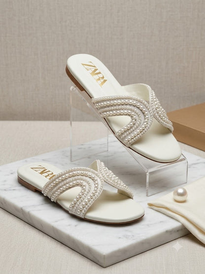 Zara Pearl Embellished Flat Slide Sandals
