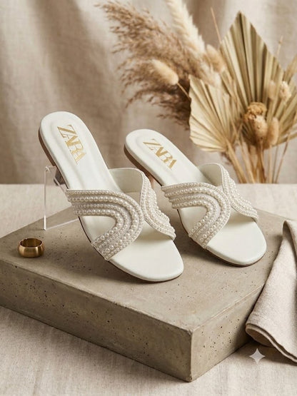 Zara Pearl Embellished Flat Slide Sandals