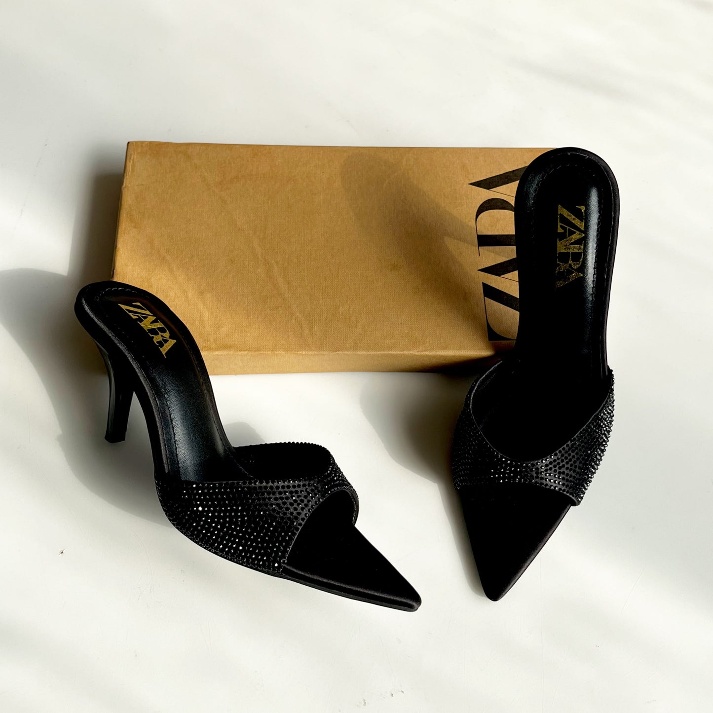 Zara Embellished Satin Heeled Mules