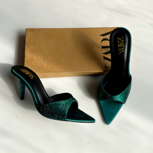 Zara Embellished Satin Heeled Mules