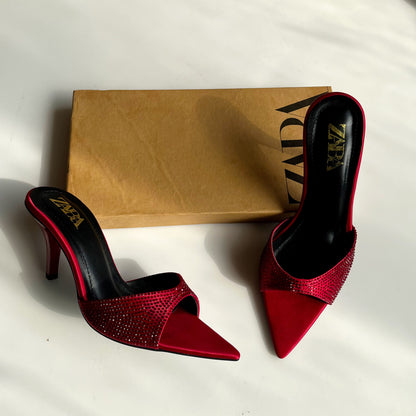 Zara Embellished Satin Heeled Mules