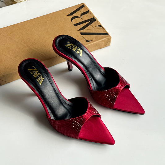 Zara Embellished Satin Heeled Mules