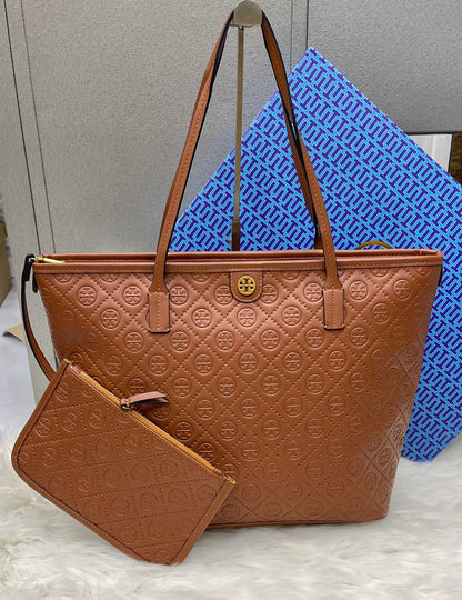 Tory Burch T Monogram Embossed Leather Tote Bag