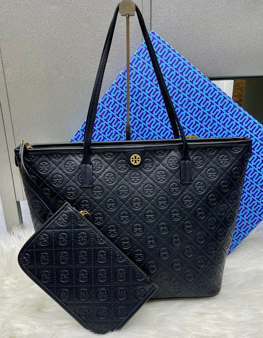 Tory Burch T Monogram Embossed Leather Tote Bag with Box
