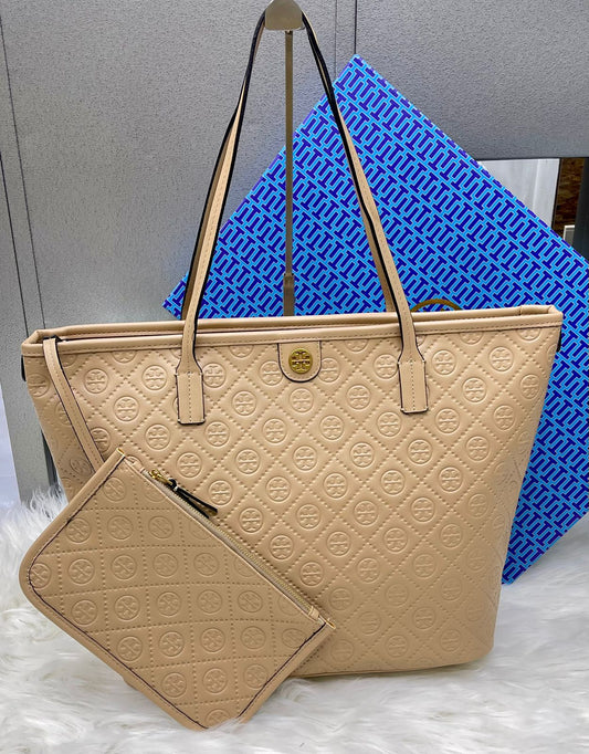 Tory Burch T Monogram Embossed Leather Tote Bag with Box
