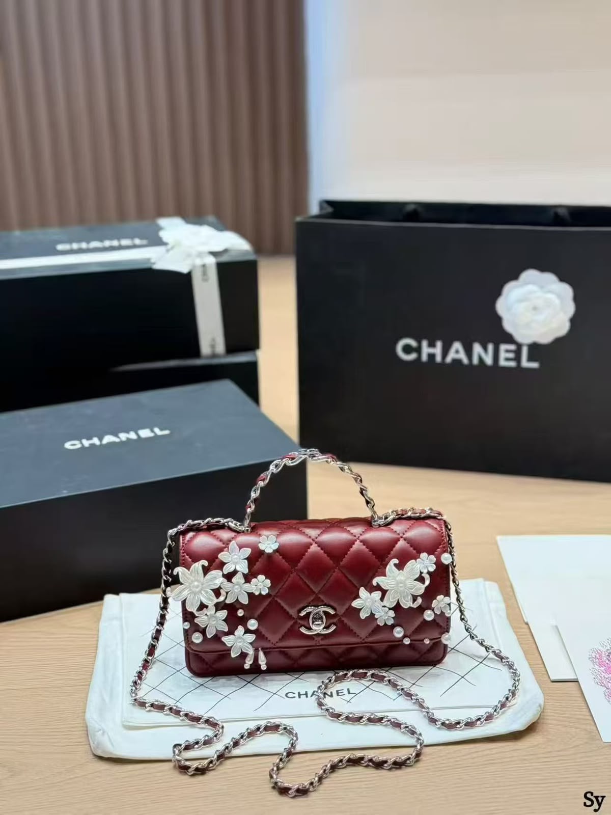 CHANEL Camellia Pearl Mini Flap Handbag
