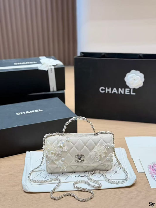 CHANEL Camellia Pearl Mini Flap Handbag with Box