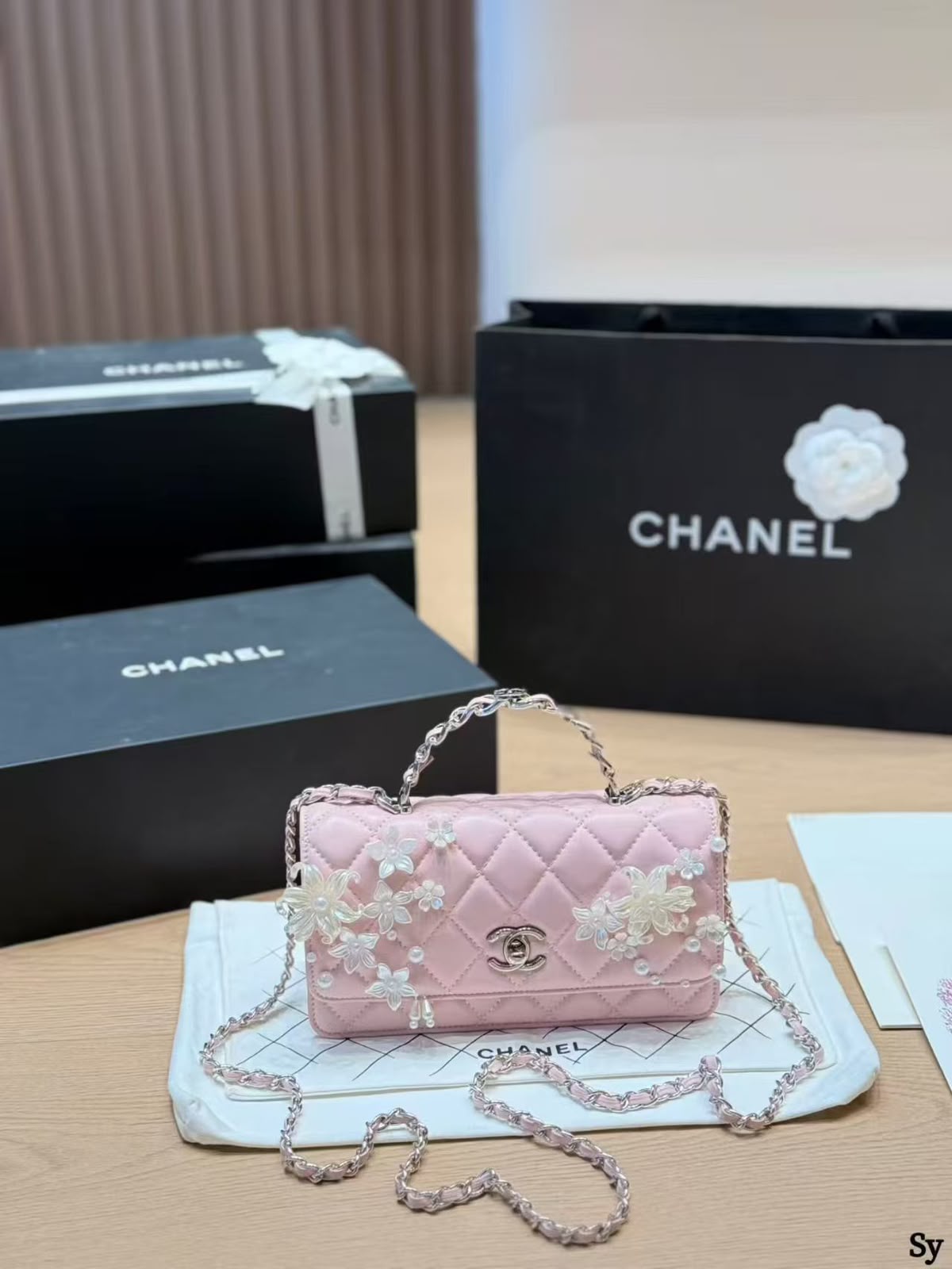 CHANEL Camellia Pearl Mini Flap Handbag