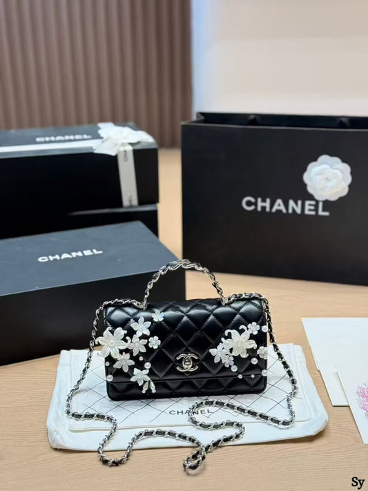 CHANEL Camellia Pearl Mini Flap Handbag with Box