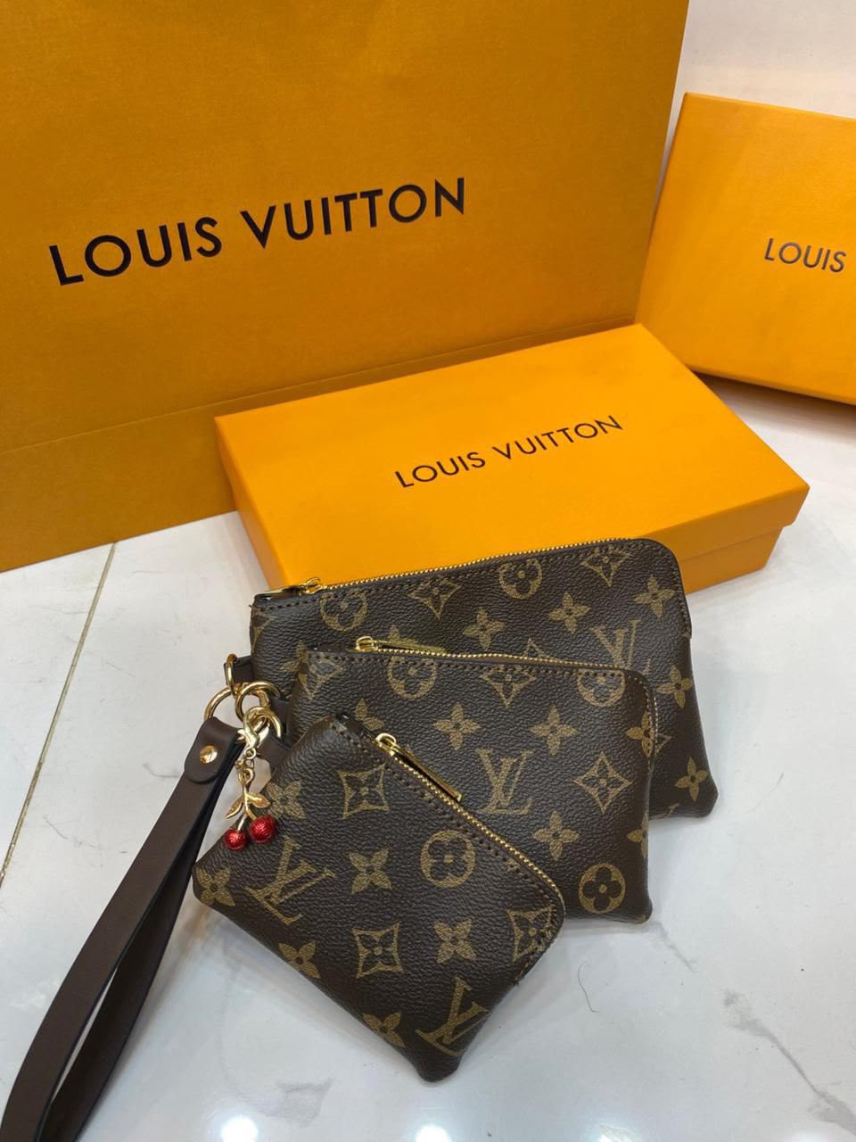 LV Monogram Signature Canvas Trio Wristlet Pouch Set With Box
