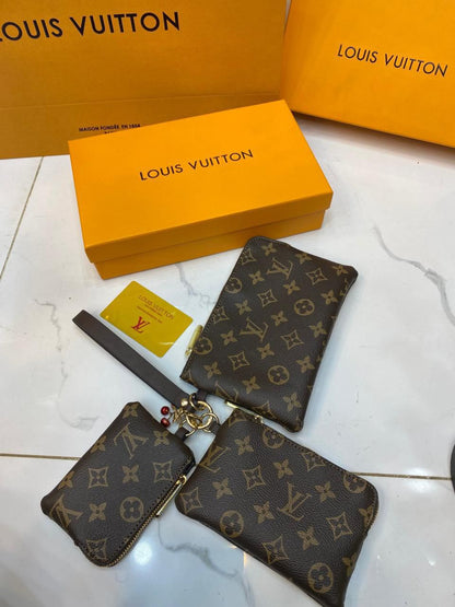 LV Monogram Signature Canvas Trio Wristlet Pouch Set With Box