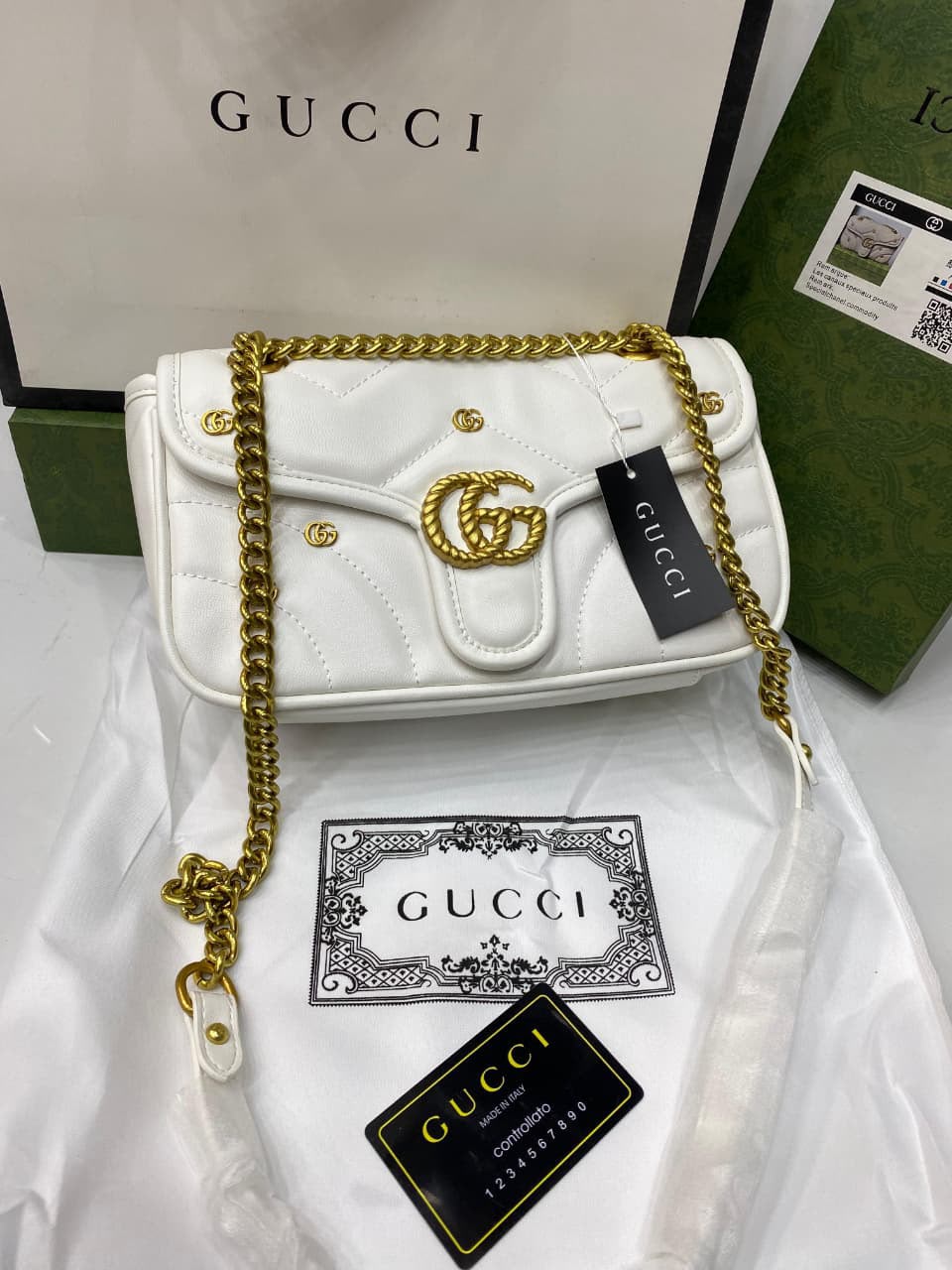 Gucci GG Marmont Mini Logo Studded Crossbody Bag With Box