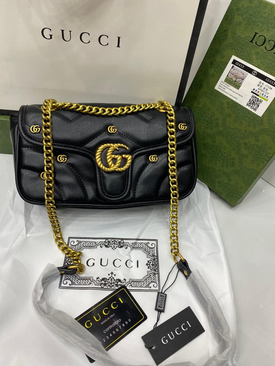 Gucci GG Marmont Mini Logo Studded Crossbody Bag With Box
