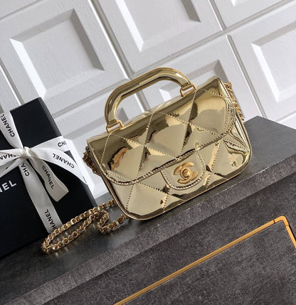 CHANEL | Metallic Mirror Calfskin Large Top Handle Clutch With Chain