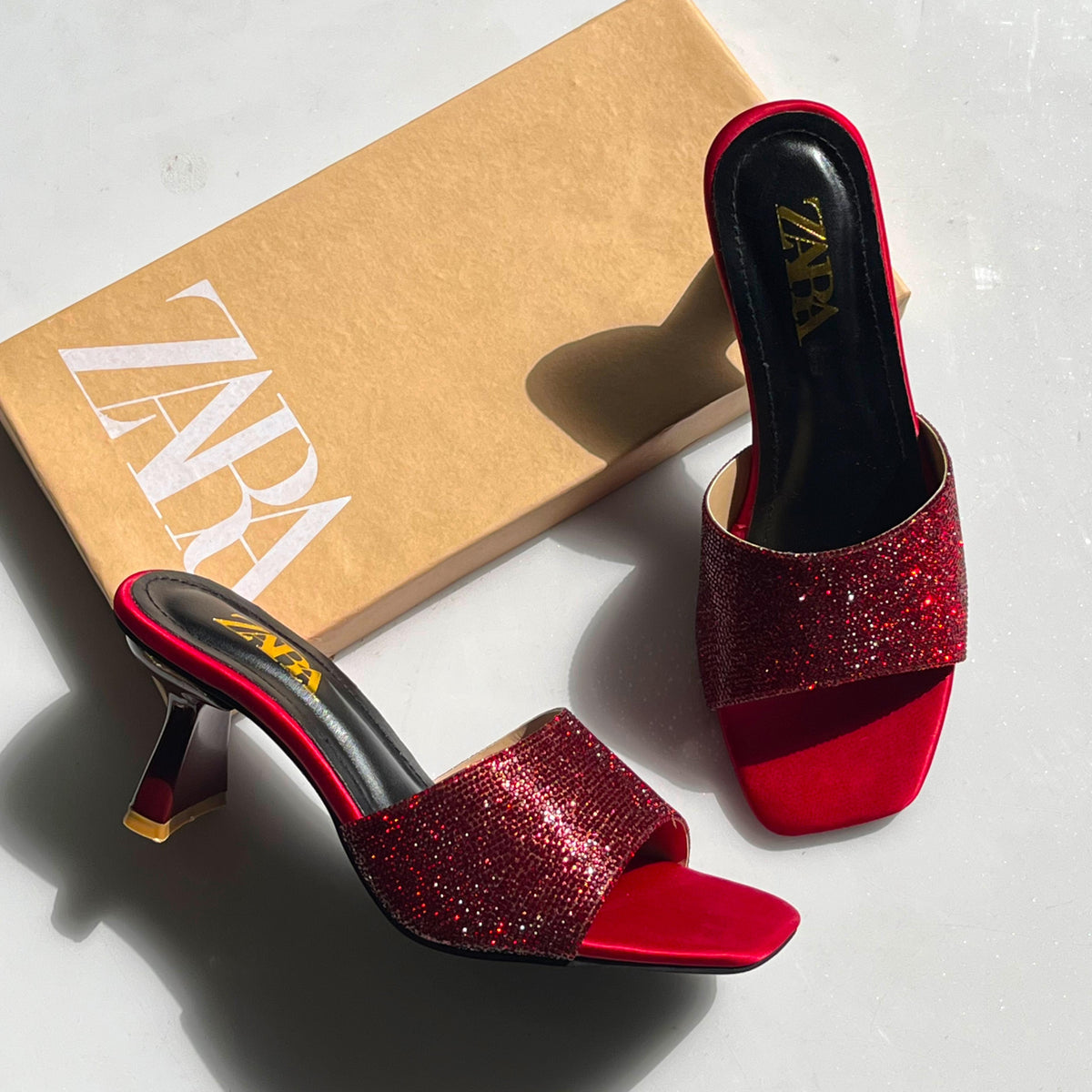 ZARA Metallic Rhinestone Block-Heel Mules