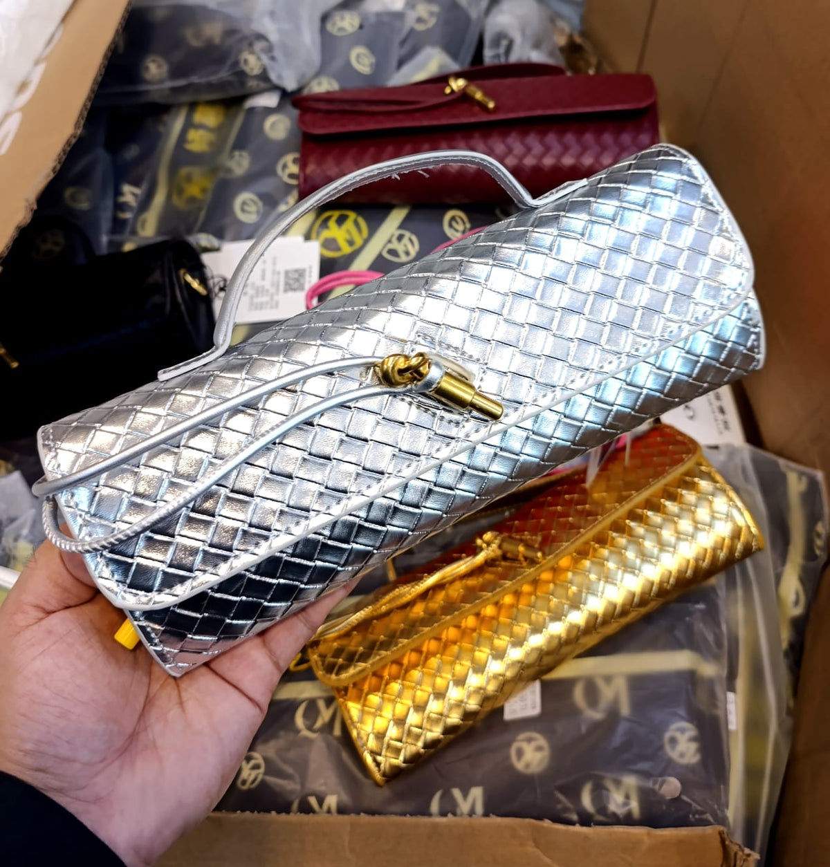 Bottega Veneta Andiamo Silver Long Clutch With Box