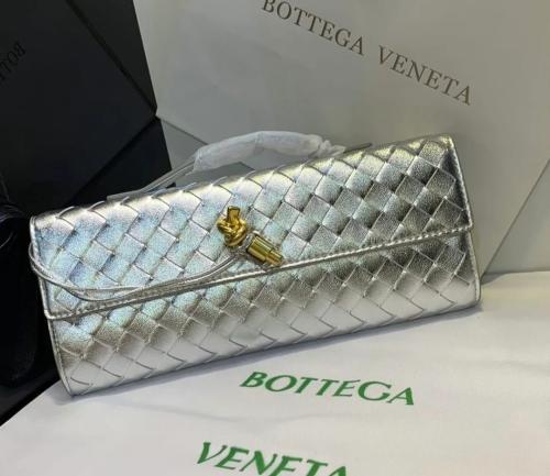 Bottega Veneta Andiamo Silver Long Clutch With Box
