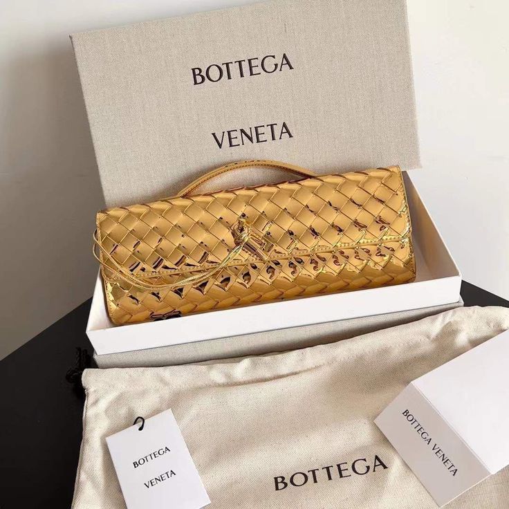 Bottega Veneta Andiamo Gold Long Clutch With Box