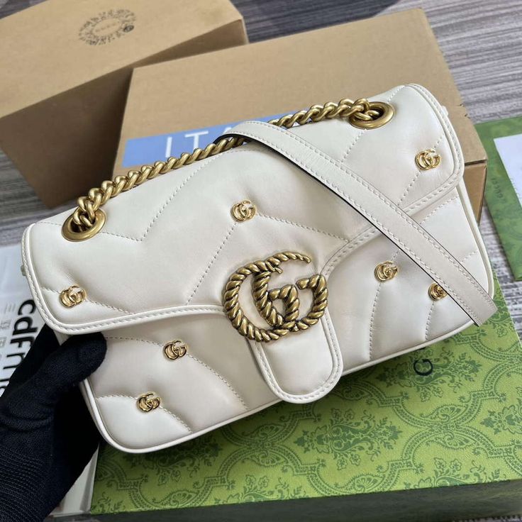 Gucci GG Marmont Mini Logo Studded Crossbody Bag With Box
