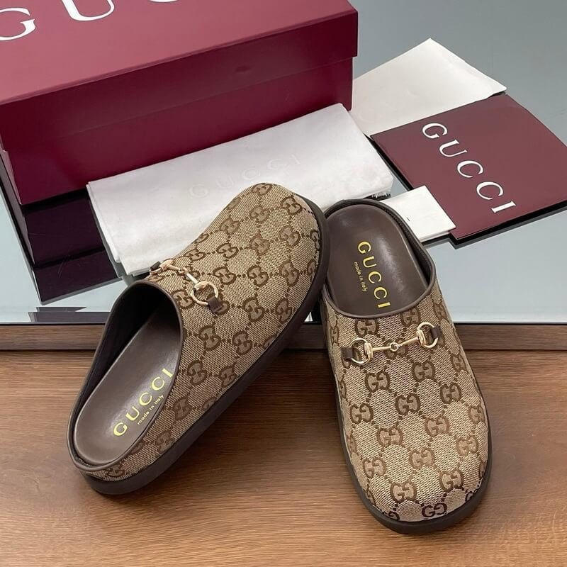 GUCCI GG Monogram Horsebit Flat Mules Brown