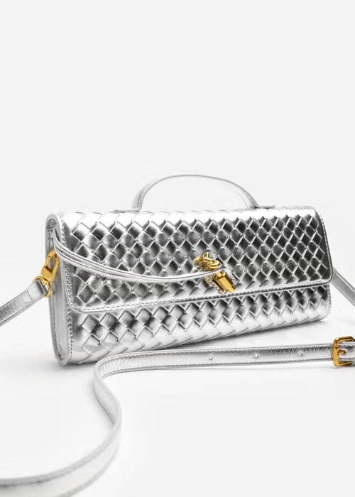 Bottega Veneta Andiamo Silver Long Clutch With Box