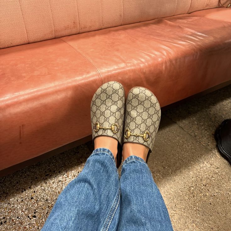 GUCCI GG Monogram Horsebit Flat Mules Brown